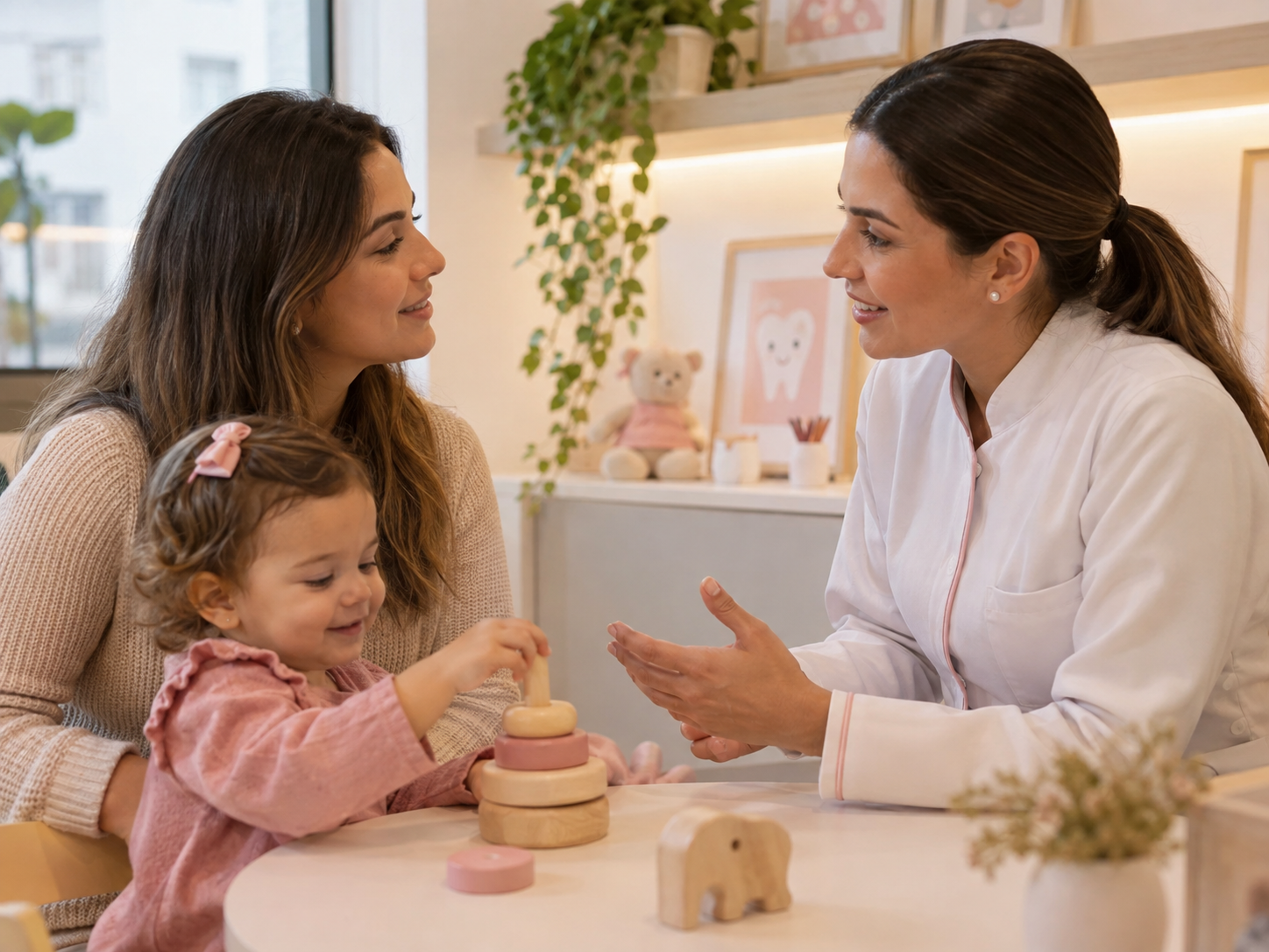 Odontopediatra conversando com mãe e criança em ambiente acolhedor